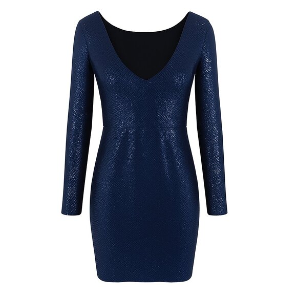 Mind Code Sparkle Sequin Long Sleeve V-Neck Mini Dress Navy Blue L - Picture 2 of 10